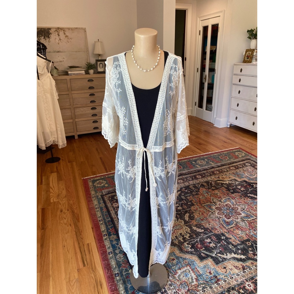 Rebellion Again Ivory Lace Maxi Duster‎ Kimono Boho Floral Embroidered Medium